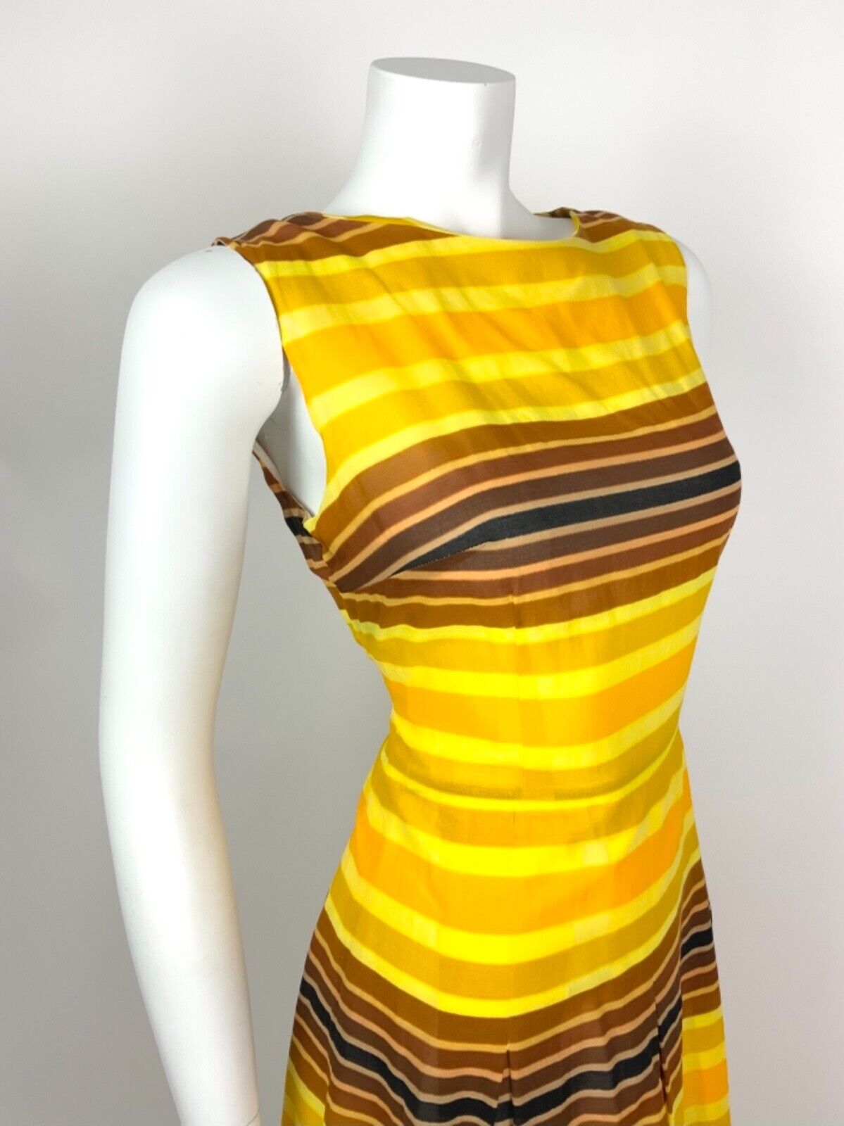 VINTAGE 60s 70s YELLOW ORANGE BROWN STRIPED SHEER SUMMER DRESS 10