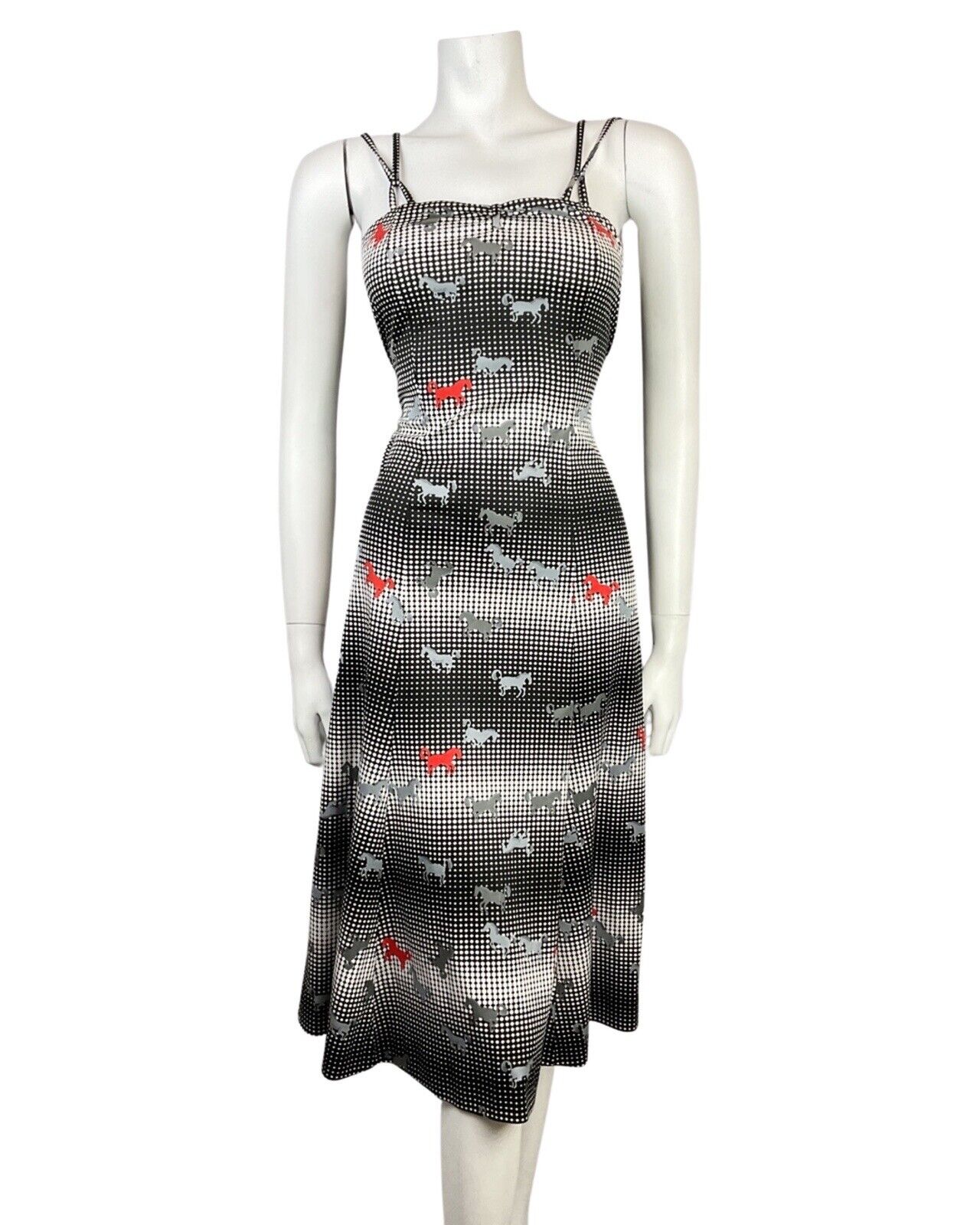 VINTAGE 60s STYLE 90s BLACK WHITE RED HALFTONE DOTTY HORSE STRAPPY SUN DRESS 8