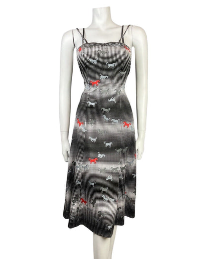 VINTAGE 60s STYLE 90s BLACK WHITE RED HALFTONE DOTTY HORSE STRAPPY SUN DRESS 8