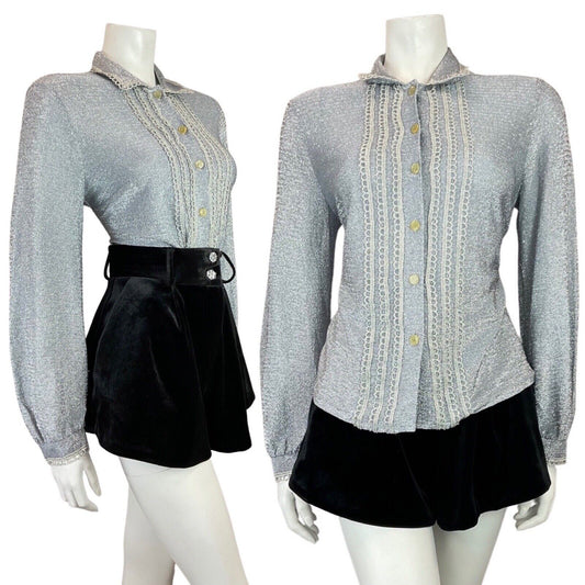 VINTAGE 60s 70s SILVER SCALLOPED GLITTER DISCO PARTY STUDIO 54 LUREX SHIRT 14 16