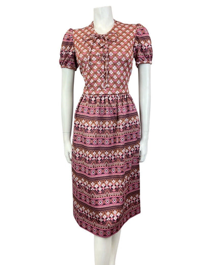VINTAGE 60s 70s BROWN PINK WHITE GEOMETRIC DAISY LACE-UP BOHO FOLK MOD DRESS 10