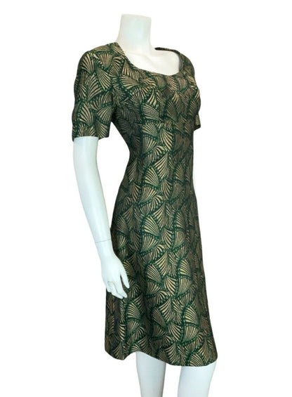 VTG 60S ART DECO FAN GOLD GREEN BLACK SHORT SLEEVE ROUNDED NECK DRESS 12