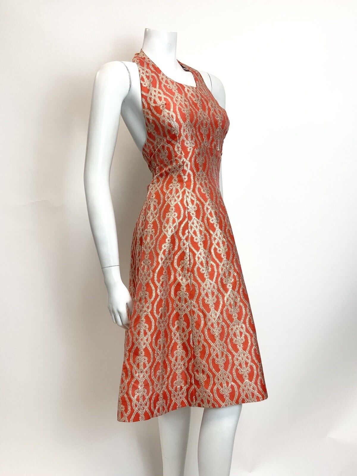 VINTAGE 60s 70s ORANGE GOLD PSYCHEDELIC TRELLIS DISCO STUDIO 54 HALTER DRESS 8