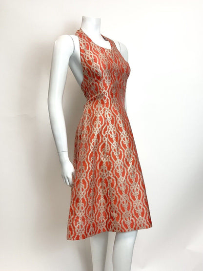 VINTAGE 60s 70s ORANGE GOLD PSYCHEDELIC TRELLIS DISCO STUDIO 54 HALTER DRESS 8
