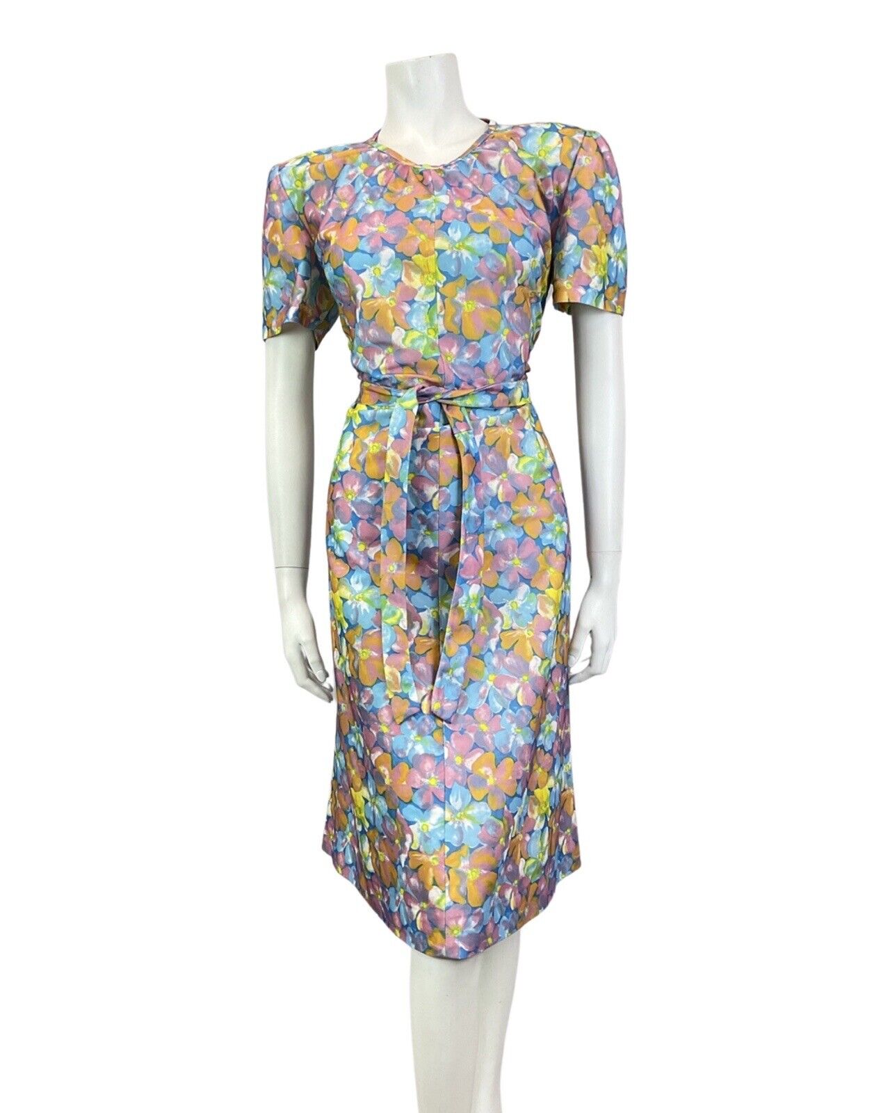 VINTAGE 60s 70s BLUE GREEN ORANGE FLORAL PSYCHEDELIC MOD SUMMER DRESS 14 16