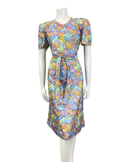 VINTAGE 60s 70s BLUE GREEN ORANGE FLORAL PSYCHEDELIC MOD SUMMER DRESS 14 16