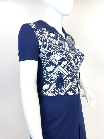 VINTAGE 60s 70s BLUE WHITE GEOMETRIC CHECKERBOARD MOD DAGGER SHIRT DRESS 14 16