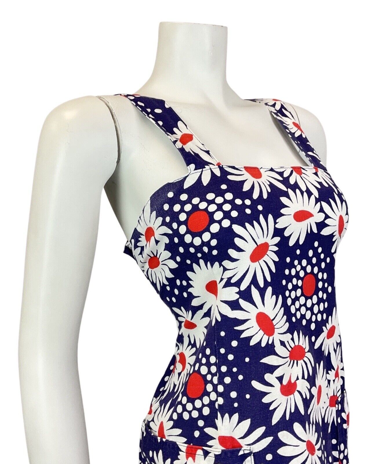 VINTAGE 60s 70s BLUE WHITE RED DAISY FLOWER DOTTY SUMMER APRON DRESS 10