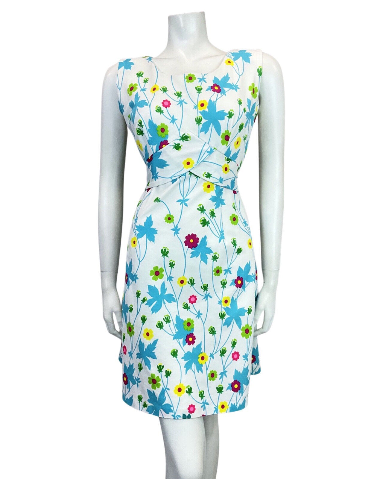 VINTAGE 60s 70s WHITE BLUE GREEN YELLOW FLORAL DAISY MOD SLEEVELESS SUNDRESS 10