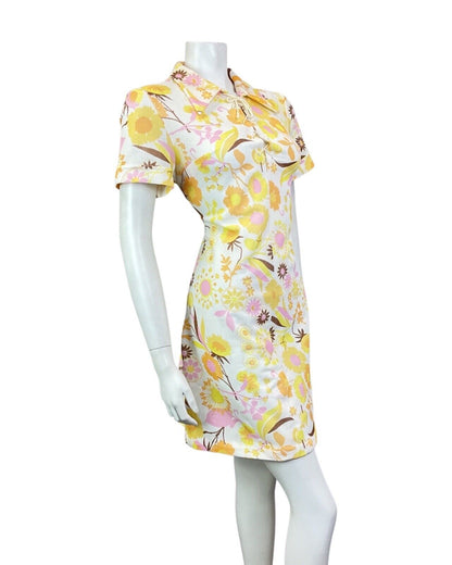 VINTAGE 60s WHITE YELLOW PINK DAISY FLORAL LACE-UP DAGGER SHIRT DRESS 12 14