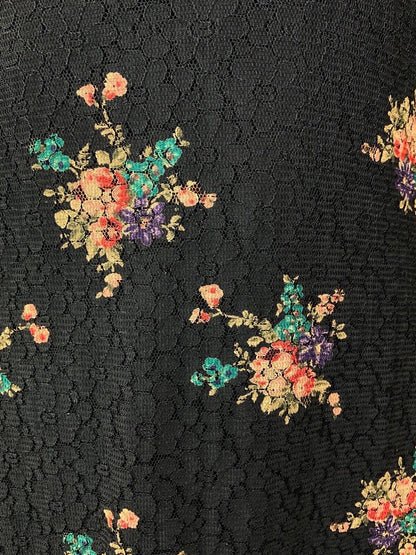 VINTAGE 60s 70s BLACK GREEN LILAC BOUQUET FLORAL LACE RUFFLE SHORT DRESS 8