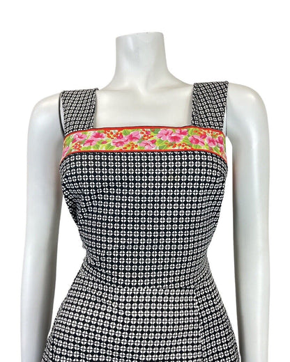 VINTAGE 70s BLACK WHITE RED GEOMETRIC FLORAL SLEEVELESS APRON SUMMER DRESS 8