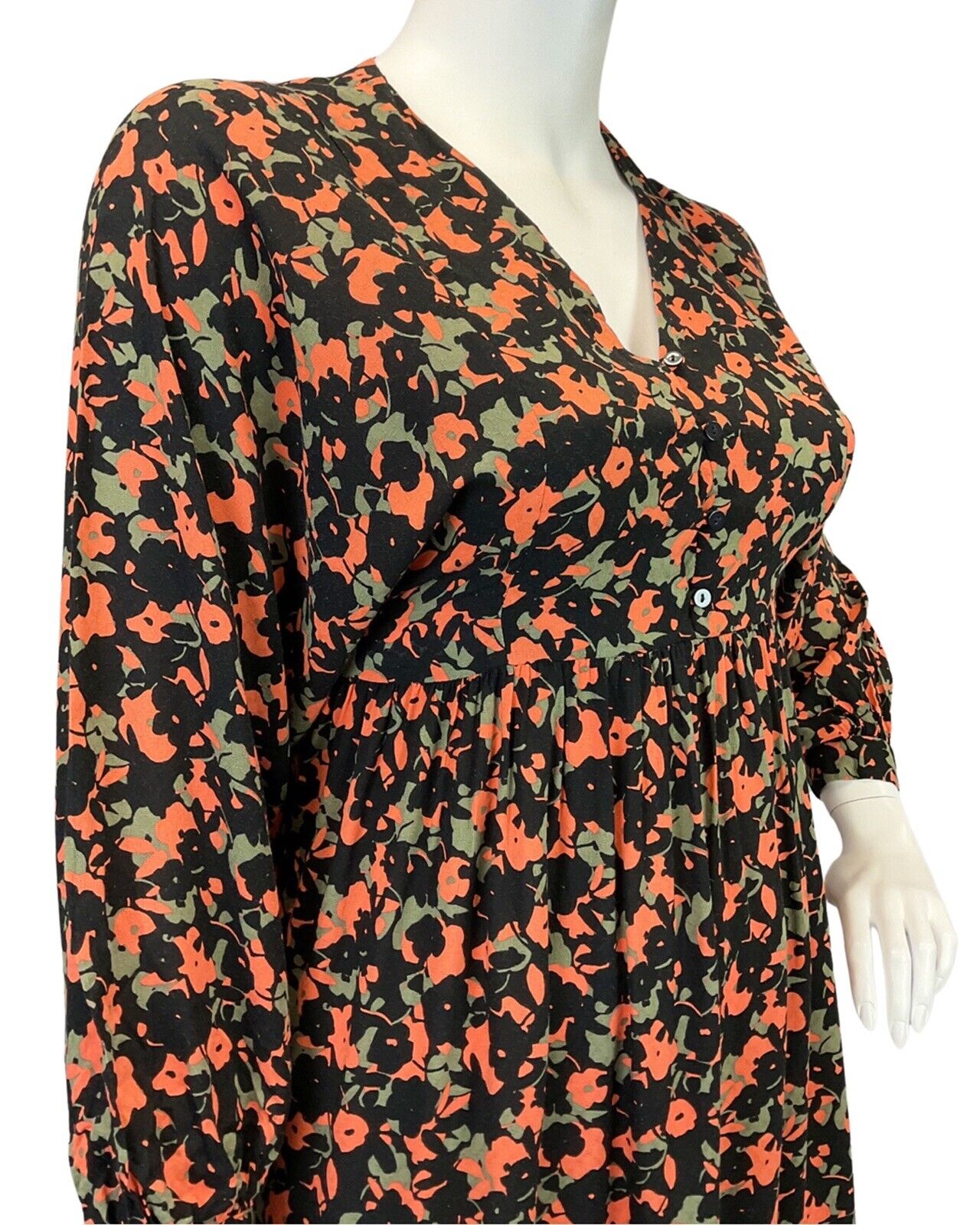 VINTAGE 60s 70s BLACK GREY ORANGE PSYCHEDELIC FLORAL LONGSLEEVE DRESS 16 18