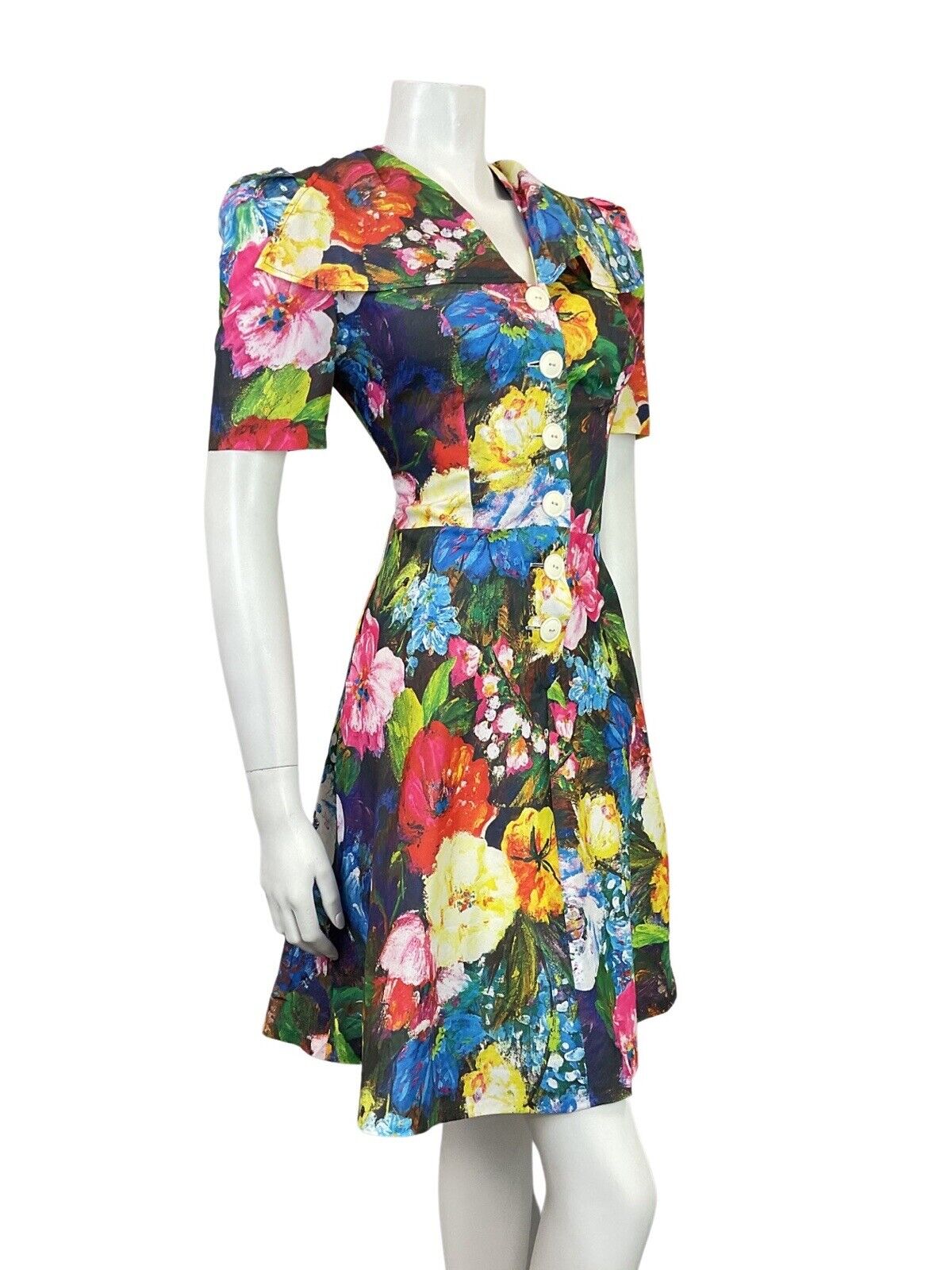 VINTAGE 60s 70s BLUE PINK YELLOW GREEN FLORAL PSYCHEDELIC WING SHIRT DRESS 8 10