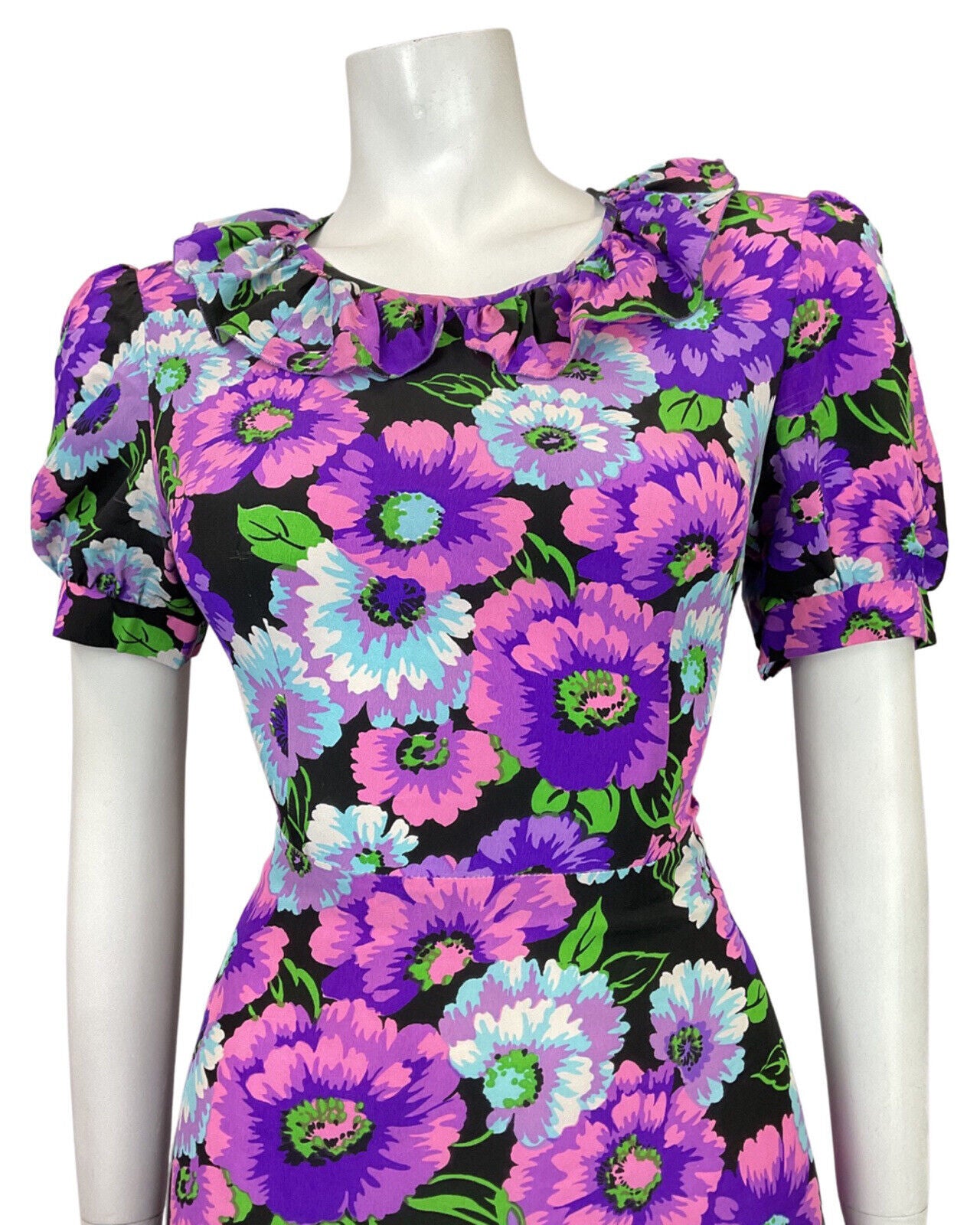 VINTAGE 60s 70s PURPLE BLUE BLACK PINK FLORAL RUFFLE SWING DRESS 14 16