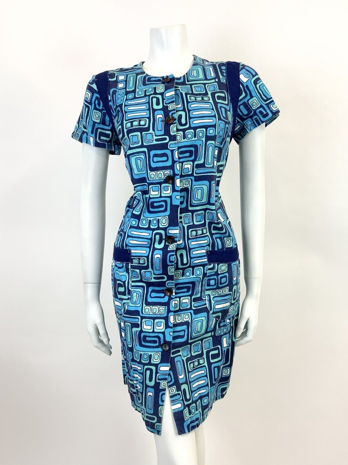 VINTAGE 60s 70s BLUE NAVY MINT GEOMETRIC PSYCHEDELIC MOD SHIFT DRESS 12 14