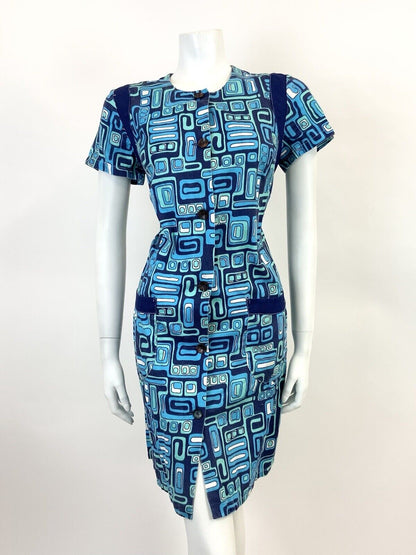 VINTAGE 60s 70s BLUE NAVY MINT GEOMETRIC PSYCHEDELIC MOD SHIFT DRESS 12 14