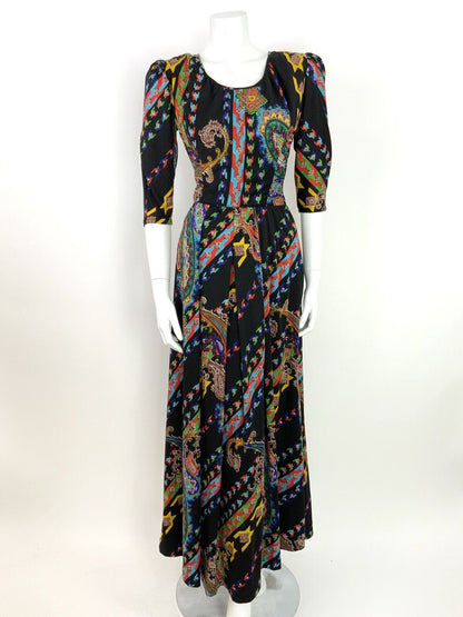 VINTAGE 60s 70s PAISLEY PSYCHEDELIC BLACK YELLOW BLUE RED GREEN  MAXI DRESS 8