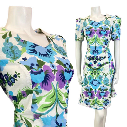 VINTAGE 60s 70s WHITE BLUE GREEN FLORAL LEAFY MOD SUMMER SHORT DRESS 14 16