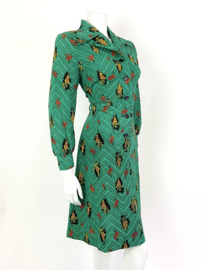 VTG 60s 70s GREEN BLACK YELLOW ZIG-ZAG GRAPES FLORAL DAGGER SHIRT DRESS 12 14
