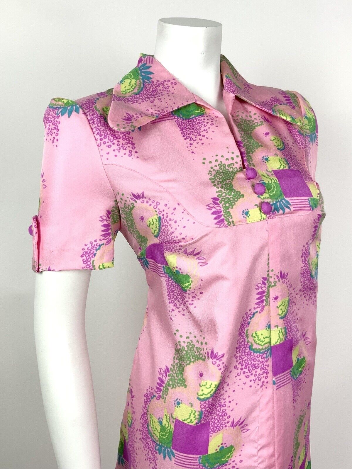 VTG 60s 70s PSYCHEDELIC PINK PURPLE BLUE GREEN SQUARE FLORAL SHIRT DRESS 12