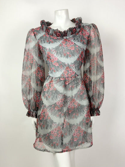 VINTAGE 60s 70s GREY RED PINK FLORAL SCALES RUFFLED SHEER MOD DRESS 12 14