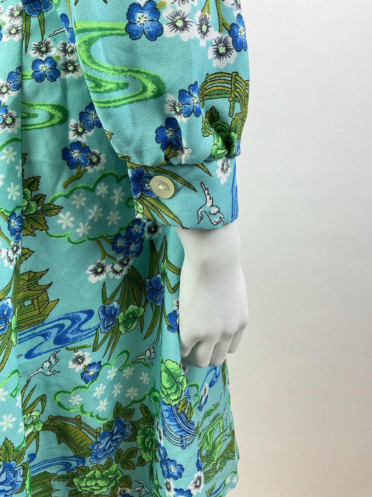 VINTAGE 70s BLUE GREEN GREY FLORAL BIRD PAGODA ORIENTAL SWING DRESS 10 12
