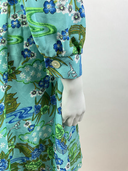 VINTAGE 70s BLUE GREEN GREY FLORAL BIRD PAGODA ORIENTAL SWING DRESS 10 12