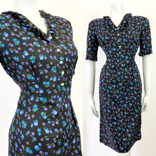 VINTAGE 60s 70s BLACK BLUE PURPLE FLORAL ROSE DAISY FITTED WIGGLE DRESS 10 12