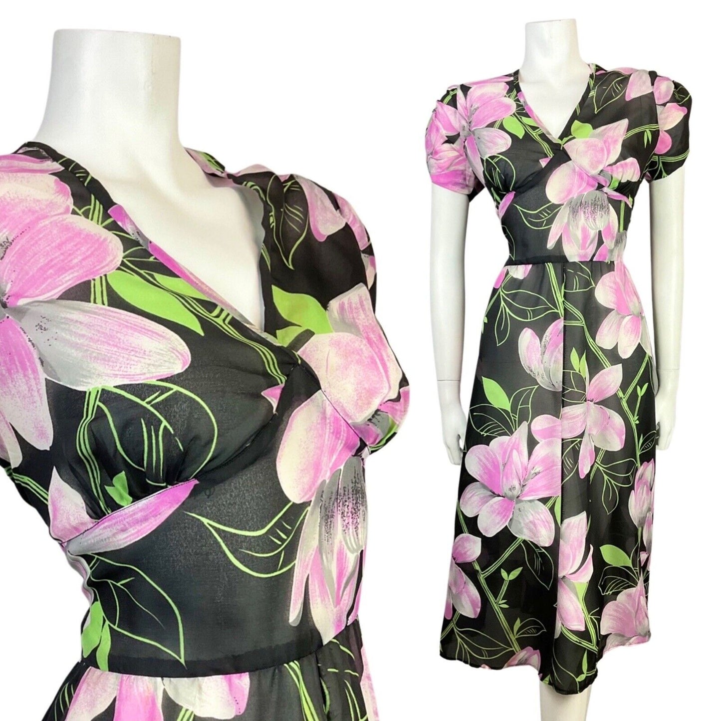 VINTAGE 60s 70s BLACK GREY PURPLE FLORAL SHEER SWING DRESS 12