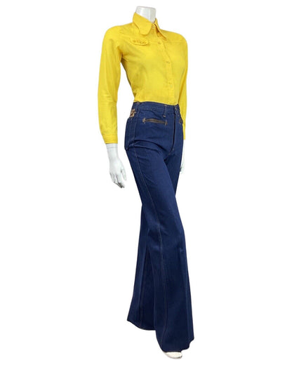 VINTAGE 60s 70s DAFFODIL YELLOW MOD BUTTON-UP SPOON COLLAR SHIRT 8 10