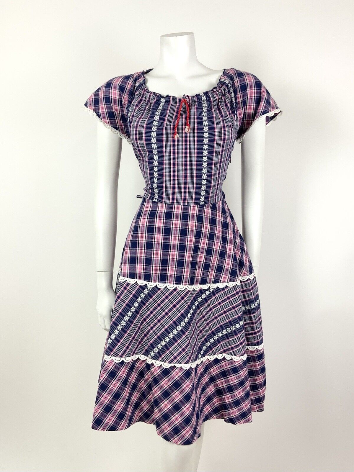VTG 60s 70s BLUE PINK WHITE TARTAN PLAID FLORAL EMBROIDERED LACE PRAIRIE DRESS 8