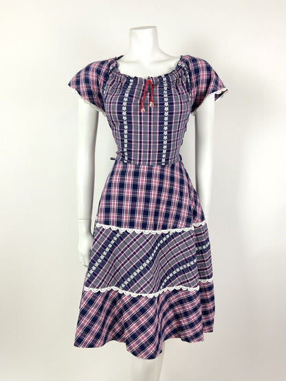 VTG 60s 70s BLUE PINK WHITE TARTAN PLAID FLORAL EMBROIDERED LACE PRAIRIE DRESS 8