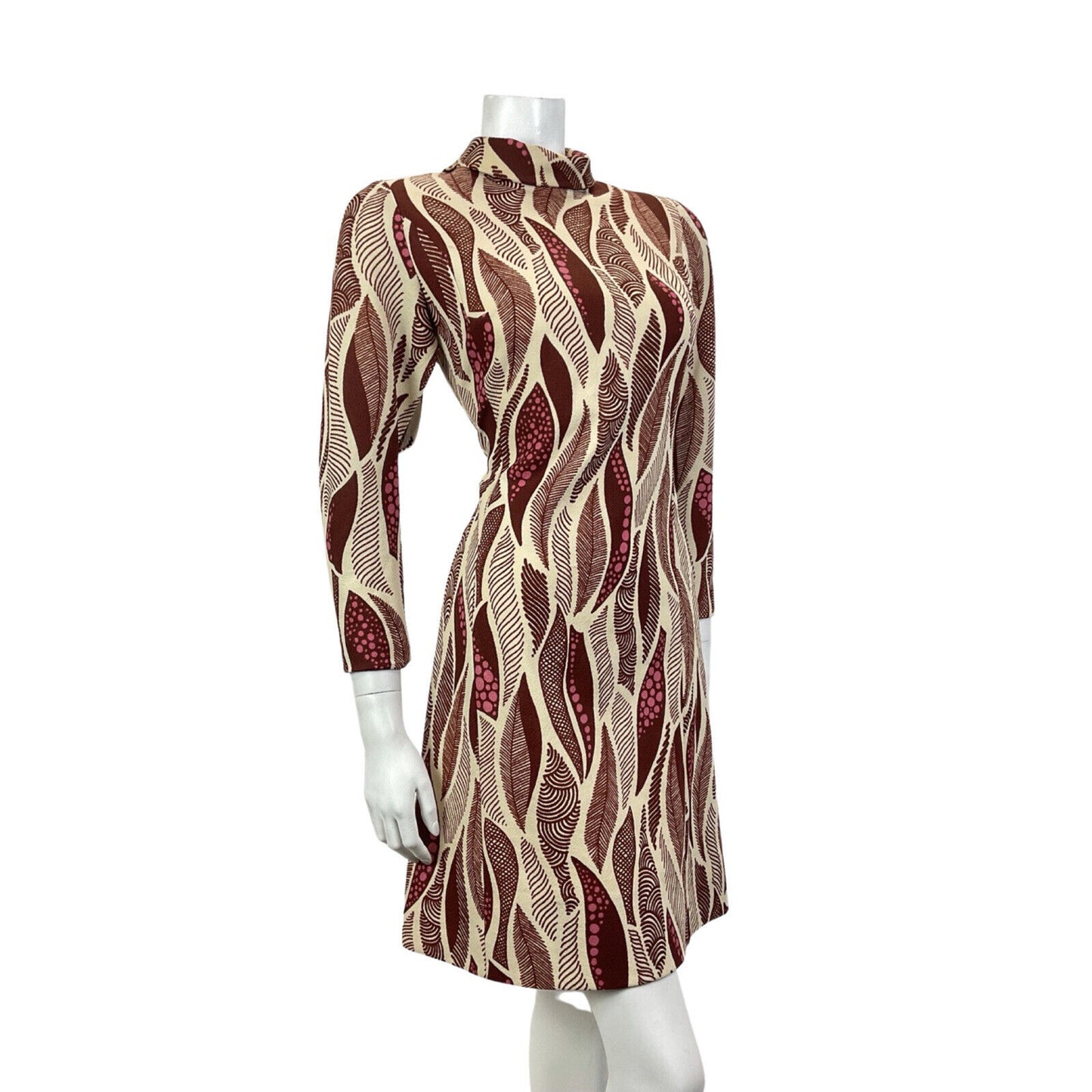 VINTAGE 60s 70s CREAM BROWN PINK PSYCHEDELIC FEATHER TURTLENECK MOD DRESS 10 12