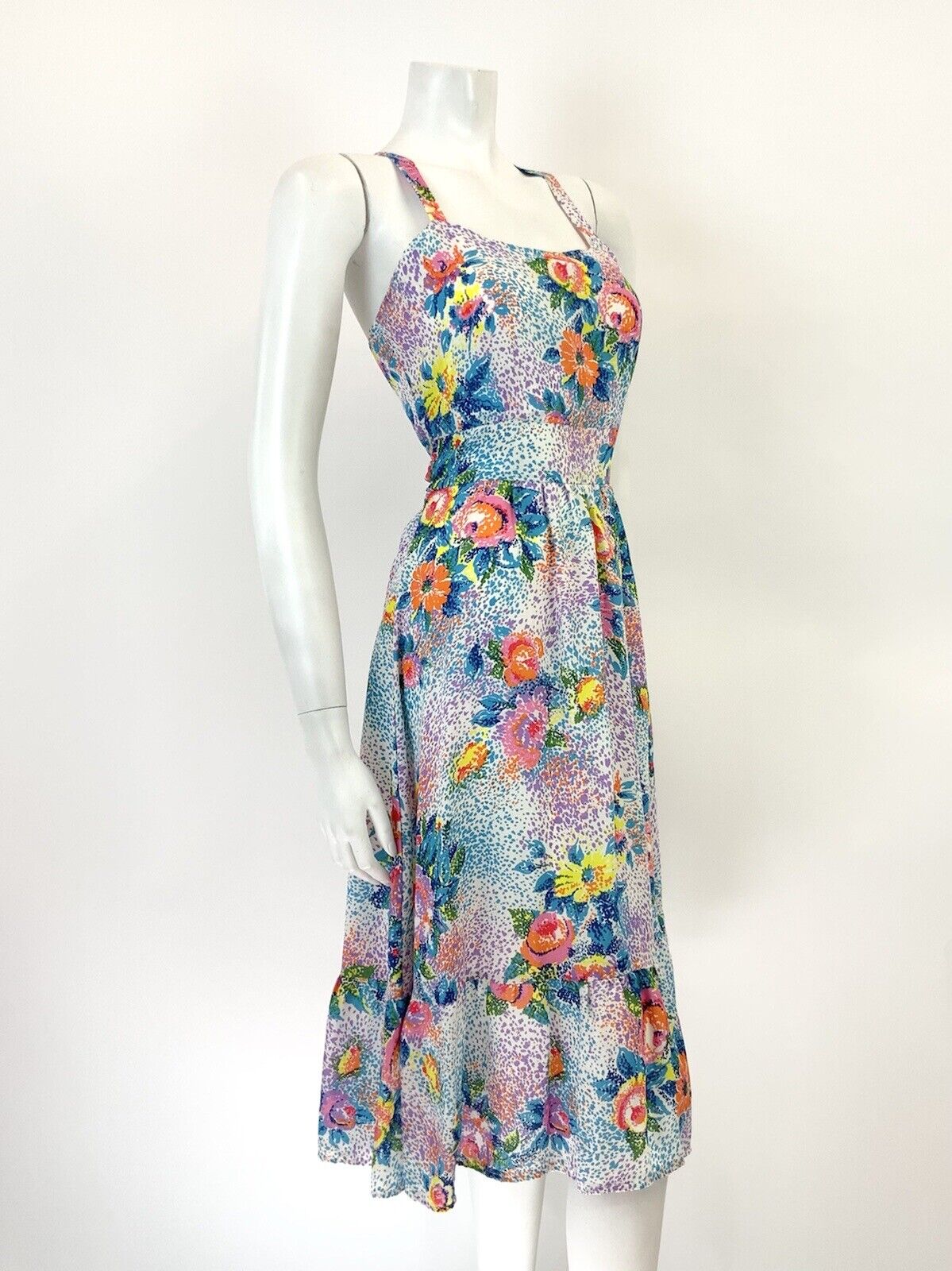 VTG 60s 70s WHITE BLUE PINK PURPLE FLORAL POINTILLISM PSYCHEDELIC SUN DRESS 8 10