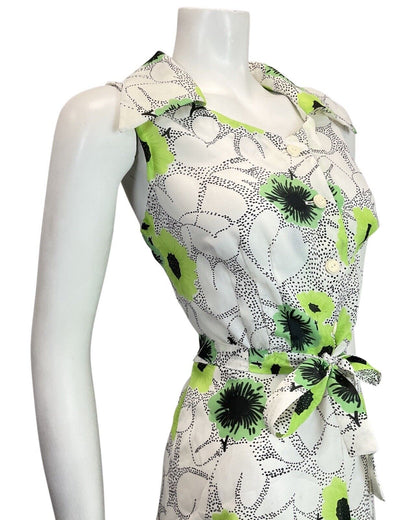 VINTAGE 60s 70s WHITE BLACK LIME GREEN DOTTY FLORAL SLEEVELESS SWING DRESS 10