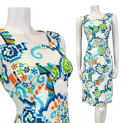 VINTAGE 60s 70s WHITE BLUE ORANGE GEOMETRIC FLORAL MOD SUMMER SUN DRESS 8 10