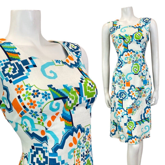 VINTAGE 60s 70s WHITE BLUE ORANGE GEOMETRIC FLORAL MOD SUMMER SUN DRESS 8 10