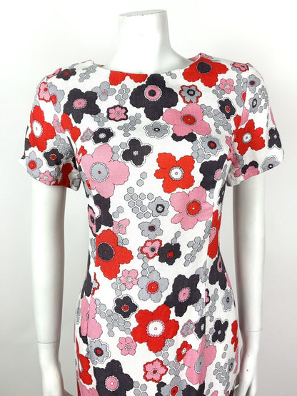 VTG 60s 70s WHITE RED PINK GREY FLORAL FLOWER POWER PSYCHEDELIC DRESS 12 14