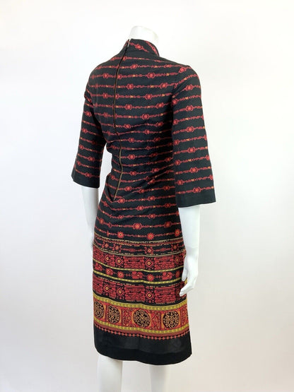 VINTAGE 60s 70s BLACK RED GOLD STRIPED AZTEC GEOMETRIC SHIFT DRESS 10 12
