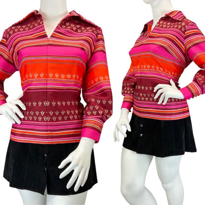 VINTAGE 60s 70s PINK GOLD STRIPED DAGGER COLLAR MOD PARTY BLOUSE SHIRT 20 22