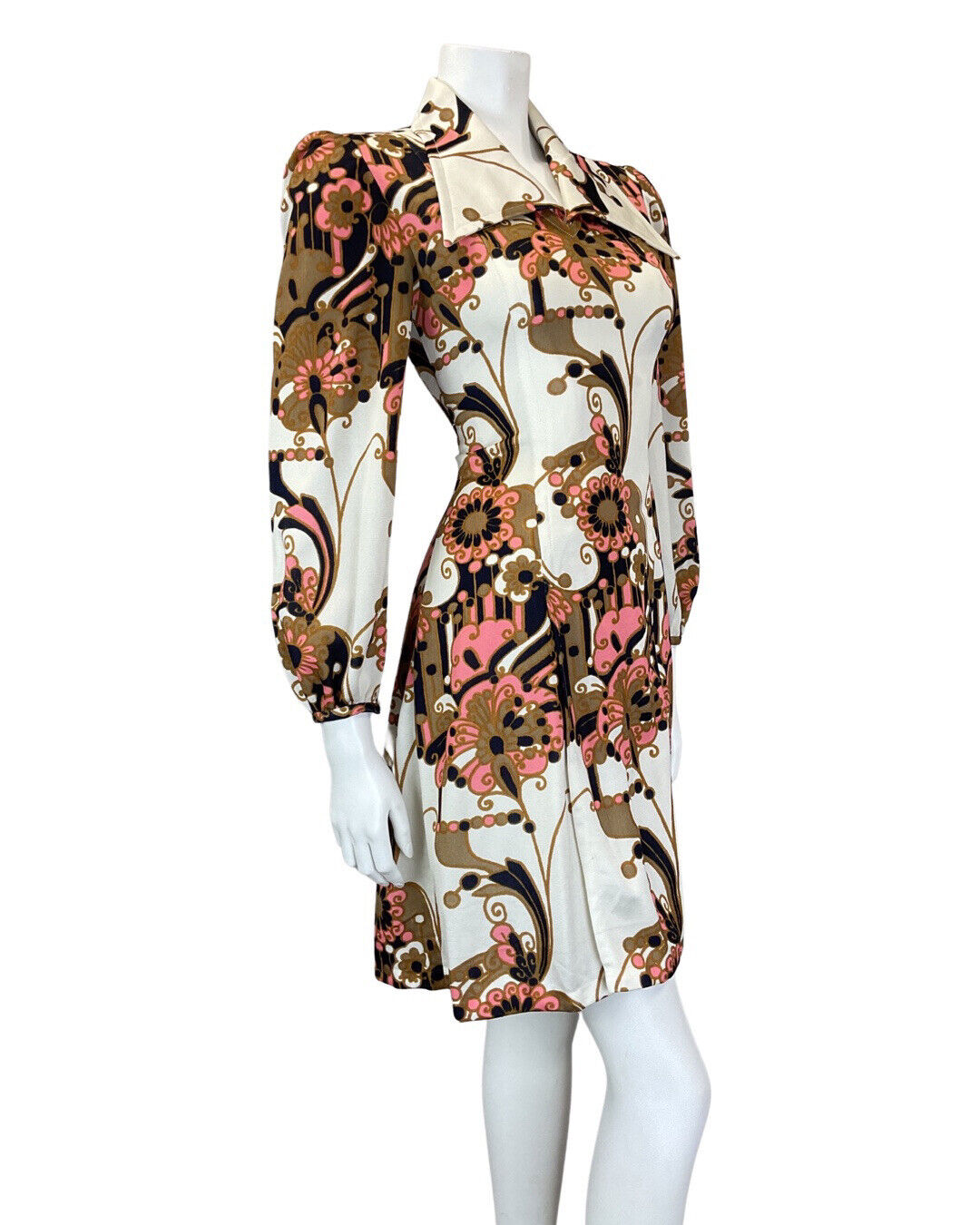 VINTAGE 60s 70s WHITE GOLD BLUE PSYCHEDELIC FLORAL MOD WING COLLAR SHIRT DRESS 8