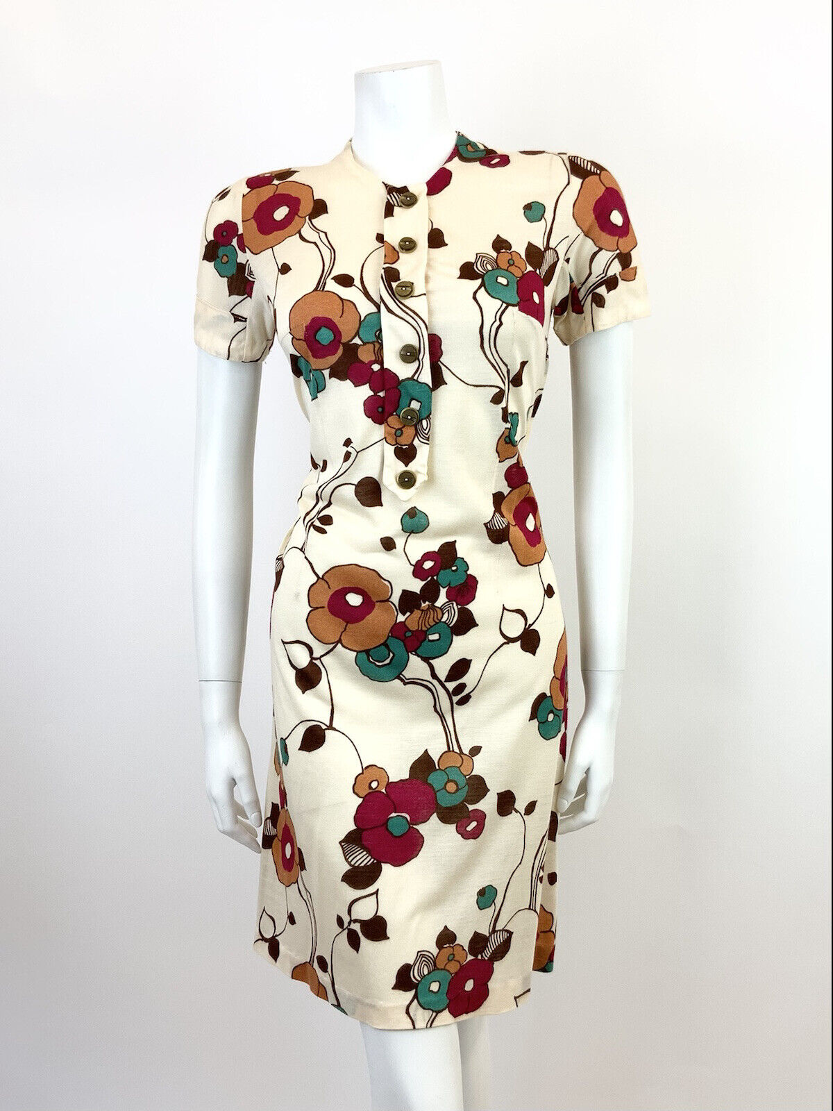 VINTAGE 60s 70s CREAM BROWN RED FLORAL VINE SHORT SHIFT DRESS 10 12