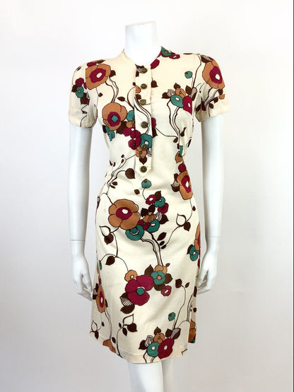 VINTAGE 60s 70s CREAM BROWN RED FLORAL VINE SHORT SHIFT DRESS 10 12
