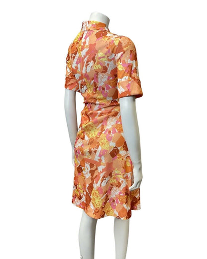 VINTAGE 60s 70s ORANGE PINK BROWN PSYCHEDELIC FLORAL LEAF DAGGER SHIRT DRESS 14