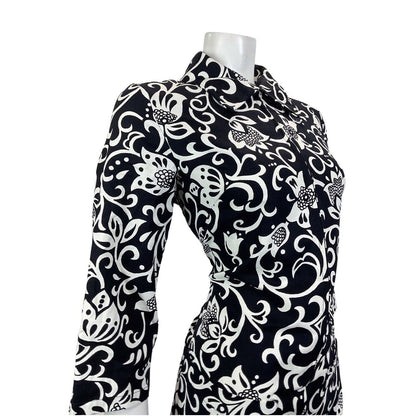 VINTAGE 60s 70s BLACK WHITE PSYCHEDELIC FLORAL SWIRL VINE MOD SHIRT DRESS 12 14