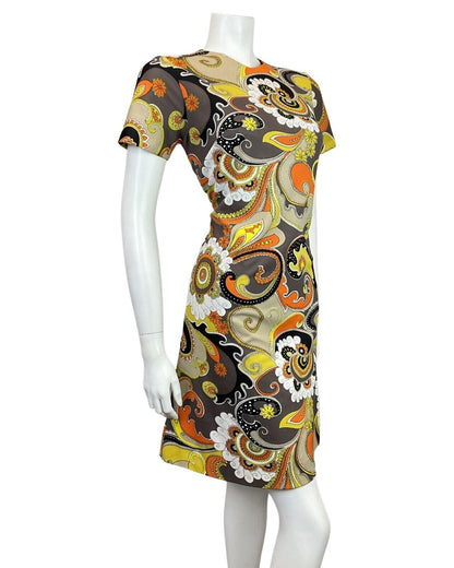 VINTAGE 60s 70s GREY YELLOW BLACK ORANGE PSYCHEDELIC MANDALA FLORAL MOD DRESS 12