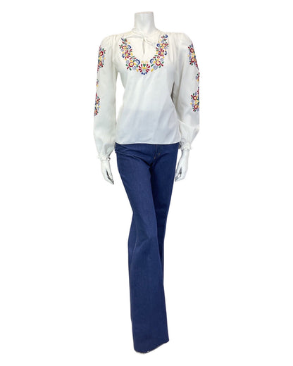 VINTAGE 60s 70s WHITE RED GREEN YELLOW FLORAL EMBROIDERED BOHO FOLK BLOUSE 12