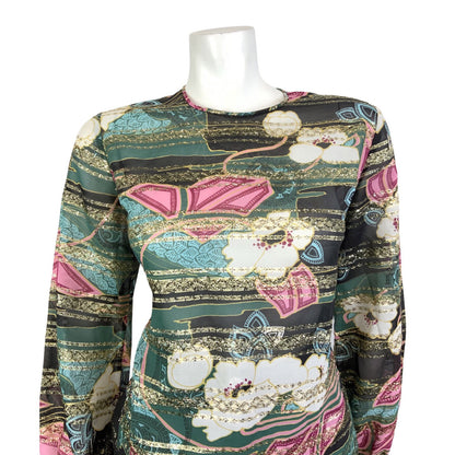 VINTAGE 60s 70s GREEN BLACK PINK GOLD PSYCHEDELIC FLORAL STRIPED SHEER TOP 12 14