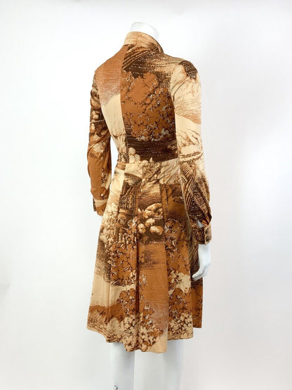 VINTAGE 60s 70s ORANGE BROWN CREAM PASTORAL FARM BOHO DAGGER SHIRT DRESS 8 10